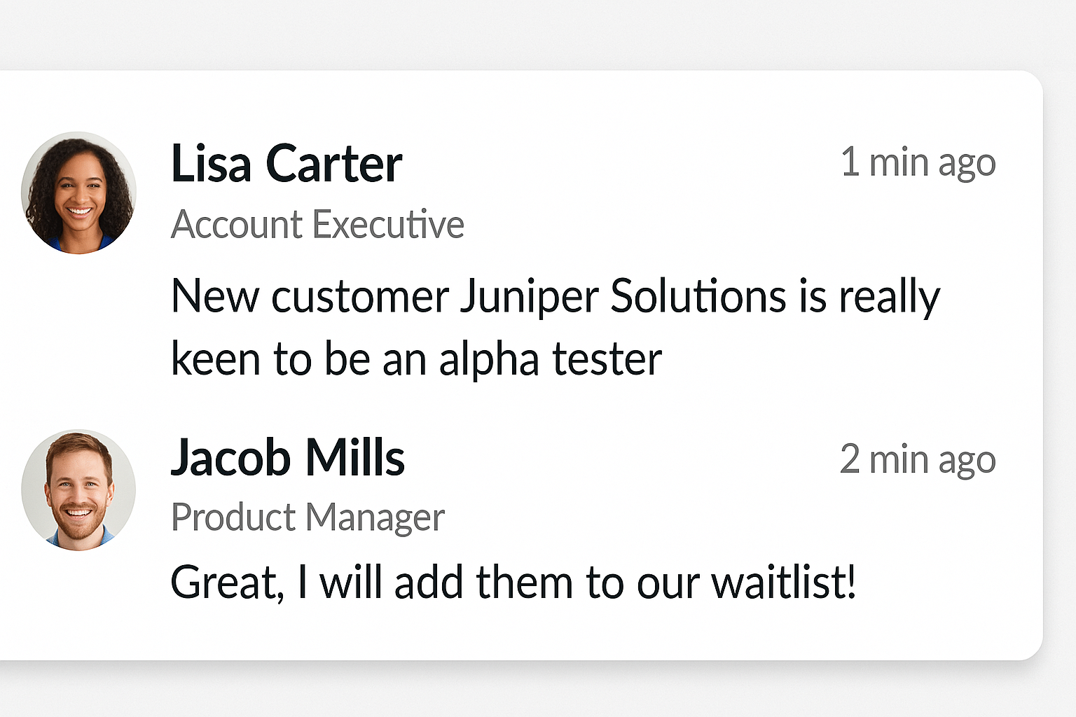 Comment thread showing collaboration between teams on customer needs