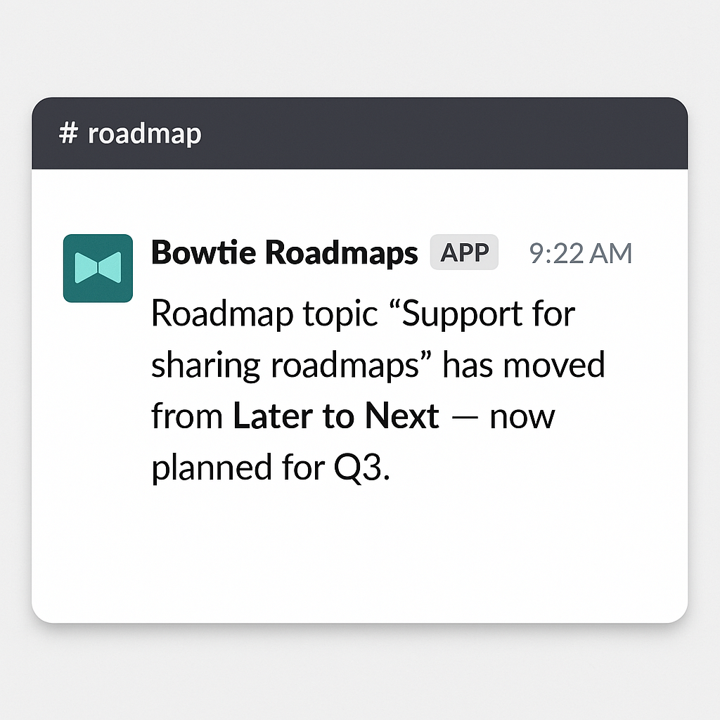 Slack notification showing a roadmap topic being moved from Later to Next